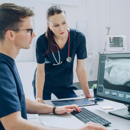 A man and woman in scrubs are focused on a computer screen